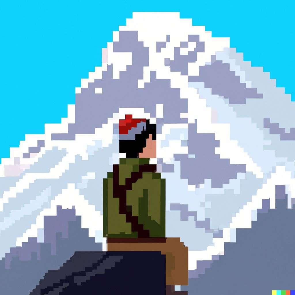 someone gazing at Mount Everest, pixel art